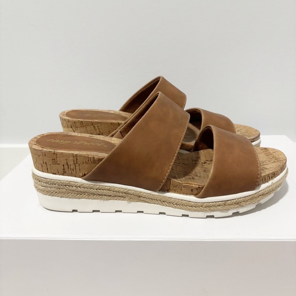 easy street Shoes - Easy‎ Street Womens Maryann Wedge Sandal Slip On Comfort Faux Brown Leather 7.5